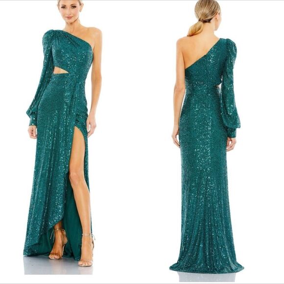 Mac Duggal 26730 Green Sequined One Shoulder Cut Out Gown| Size 2 - Picture 1 of 8